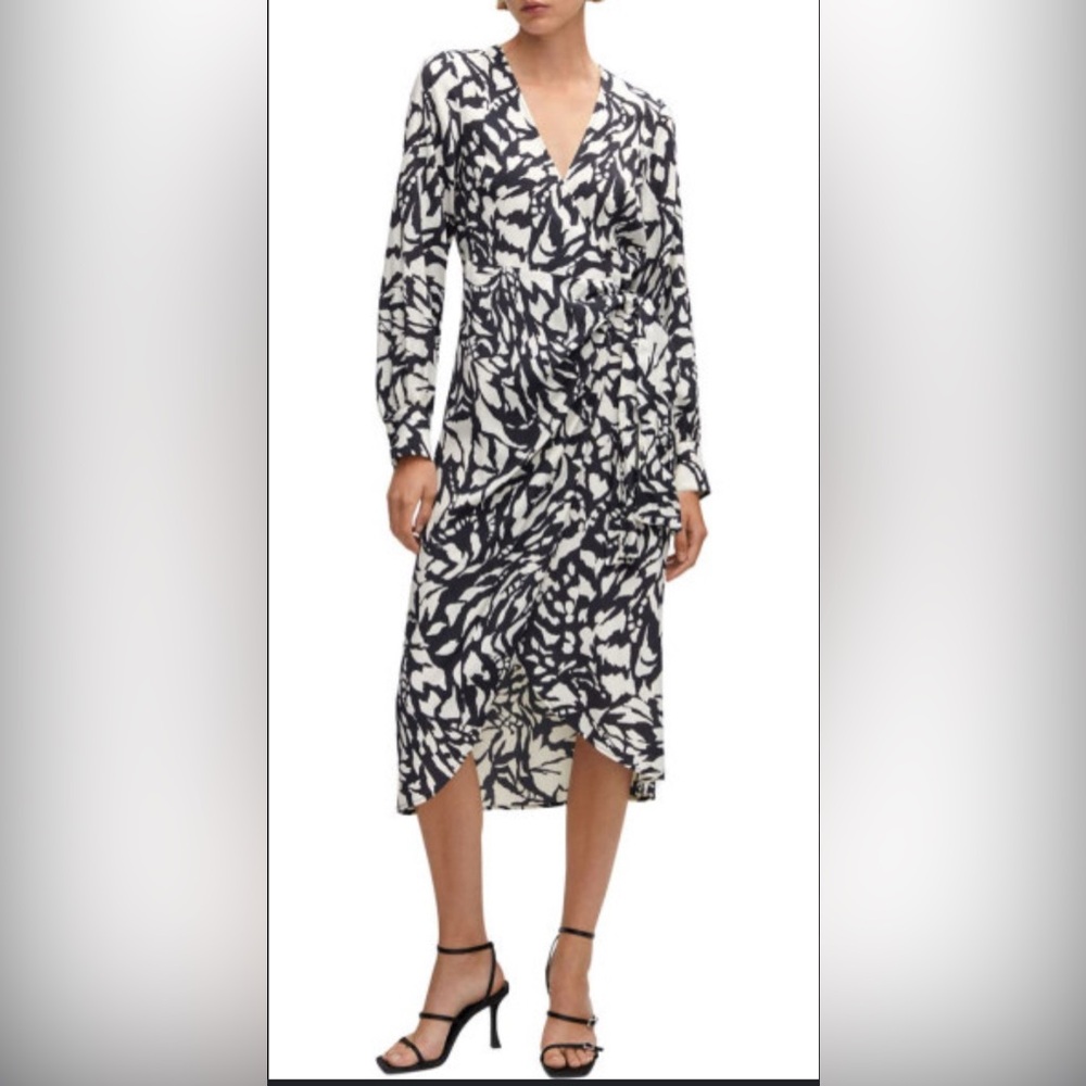 NEW Lush Monochrome Navy MultiFloral high Low Faux Wrap Long Sleeve V-neck Dress